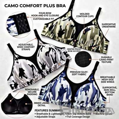 Plus Size Camouflage Print Wireless Bra – 4 Hook Support Bra for Women photo 3